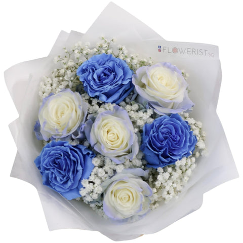 Blue Roses Flower Bouquet (Blue Roses + White Baby Breath)