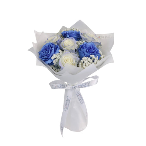 Blue Roses Flower Bouquet (Blue Roses + White Baby Breath)