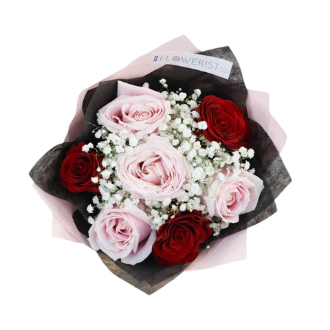 Rosy Blush Flower Bouquet (Red & Pink Rose + White Baby Breath)