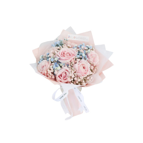 Bubblegum Flower Bouquet (Pink Rose + Blue & Pink Baby Breath)