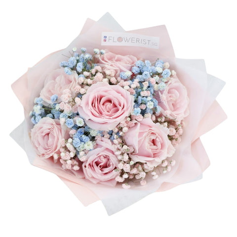 Bubblegum Flower Bouquet (Pink Rose + Blue & Pink Baby Breath)
