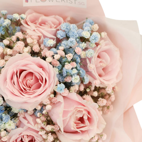 Bubblegum Flower Bouquet (Pink Rose + Blue & Pink Baby Breath)