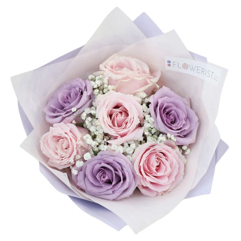 Pastel Allure Flower Bouquet (Pink & Purple Rose + White Baby Breath)