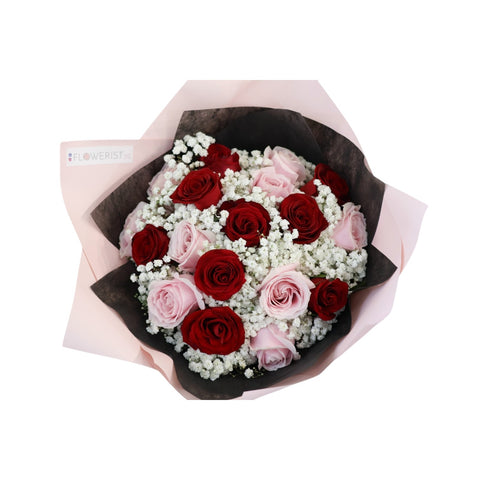 Rosy Blush Flower Bouquet (Red & Pink Rose + White Baby Breath)
