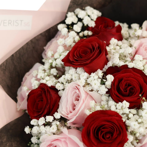 Rosy Blush Flower Bouquet (Red & Pink Rose + White Baby Breath)