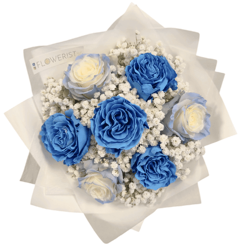 Blue Roses Flower Bouquet (Blue Roses + White Baby Breath)
