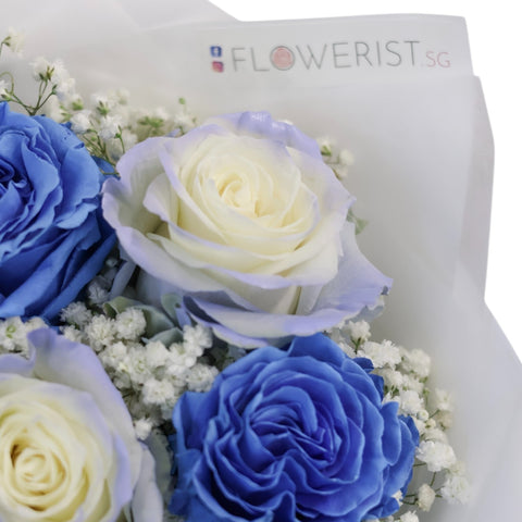 Blue Roses Flower Bouquet (Blue Roses + White Baby Breath)