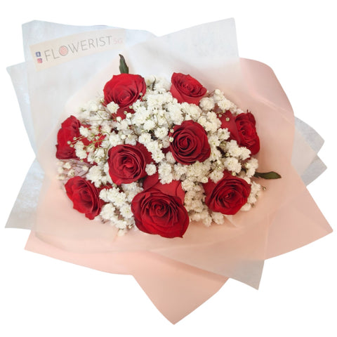 Red Rosy Bouquet (Red Roses + White Baby Breath)