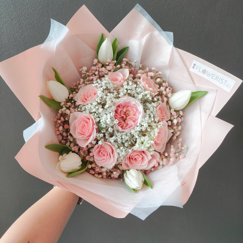Tulips, Roses & Baby Breath Fresh Flower Bouquet