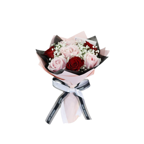 Rosy Blush Flower Bouquet (Red & Pink Rose + White Baby Breath)