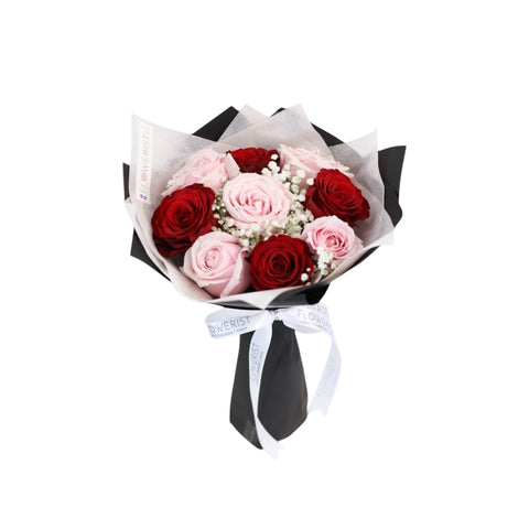 Rosy Blush Flower Bouquet (Red & Pink Rose + White Baby Breath)