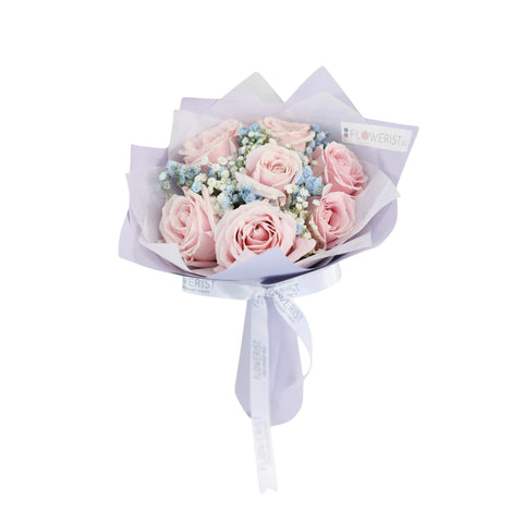 Bluebell Flower Bouquet (Pink Roses + White & Blue Baby Breath)