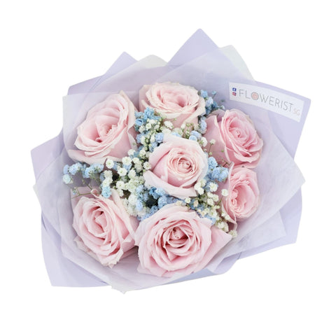 Bluebell Flower Bouquet (Pink Roses + White & Blue Baby Breath)