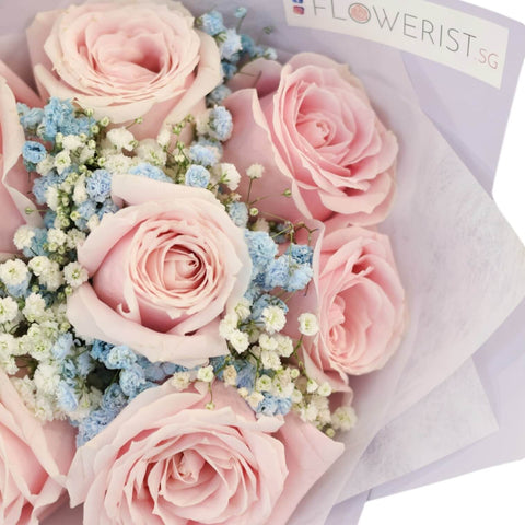 Bluebell Flower Bouquet (Pink Roses + White & Blue Baby Breath)