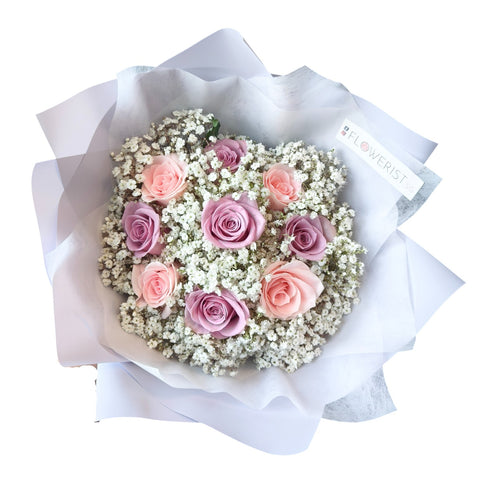 Pastel Allure Flower Bouquet (Pink & Purple Rose + White Baby Breath)